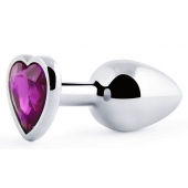 Серебристая анальная пробка с фиолетовым кристаллом-сердечком - 8 см. - Anal Jewelry Plug - купить с доставкой в Батайске