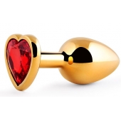 Золотистая анальная пробка с красным стразом-сердечком - 8 см. - Anal Jewelry Plug - купить с доставкой в Батайске