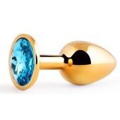 Золотистая анальная пробка с голубым стразом - 7,2 см. - Anal Jewelry Plug - купить с доставкой в Батайске