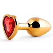 Золотистая анальная пробка с красным стразом-сердечком - 7 см. - Anal Jewelry Plug - купить с доставкой в Батайске