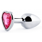 Серебристая анальная пробка с малиновым кристаллом-сердечком - 7 см. - Anal Jewelry Plug - купить с доставкой в Батайске