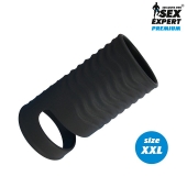 Черная открытая насадка на пенис с кольцом для мошонки XXL-size - 9,4 см. - Sex Expert - в Батайске купить с доставкой