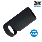 Черная открытая насадка на пенис с кольцом для мошонки XXXL-size - 9,9 см. - Sex Expert - в Батайске купить с доставкой