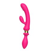 Розовый двусторонний вибромассажёр с клиторальным отростком - 30 см. - I-MOON