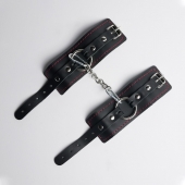 Черные кожаные наручники с красной строчкой - Crazy Handmade - купить с доставкой в Батайске