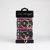 Черные кожаные наручники с розовой строчкой - Crazy Handmade - купить с доставкой в Батайске