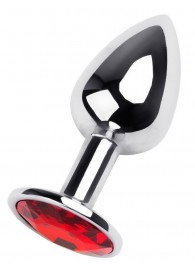 Маленькая коническая серебристая анальная пробка с красным кристаллом - 7 см. - ToyFa - купить с доставкой в Батайске