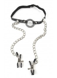 Кляп, соединенный цепочкой с клипсами для сосков - Pipedream - купить с доставкой в Батайске