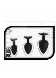 Набор черных анальных пробок с красным кристаллом-сердечком Bling Plugs Training Kit - Blush Novelties - купить с доставкой в Батайске