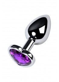 Серебристая коническая анальная пробка с фиолетовым кристаллом-сердечком - 7 см. - ToyFa - купить с доставкой в Батайске