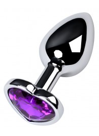 Серебристая коническая анальная пробка с фиолетовым кристаллом-сердечком - 7 см. - ToyFa - купить с доставкой в Батайске