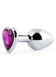 Серебристая анальная пробка с фиолетовым кристаллом-сердечком - 8 см. - Anal Jewelry Plug - купить с доставкой в Батайске