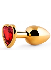 Золотистая анальная пробка с красным стразом-сердечком - 8 см. - Anal Jewelry Plug - купить с доставкой в Батайске