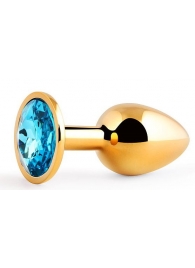 Золотистая анальная пробка с голубым стразом - 7,2 см. - Anal Jewelry Plug - купить с доставкой в Батайске