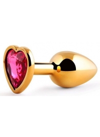 Золотистая анальная пробка с малиновым кристаллом-сердечком - 7 см. - Anal Jewelry Plug - купить с доставкой в Батайске