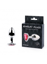 Серебристая анальная пробка с малиновым кристаллом-сердечком - 7 см. - Anal Jewelry Plug - купить с доставкой в Батайске