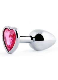 Серебристая анальная пробка с малиновым кристаллом-сердечком - 7 см. - Anal Jewelry Plug - купить с доставкой в Батайске