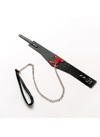 Черный широкий ошейник с красным декором и поводком - Crazy Handmade - купить с доставкой в Батайске