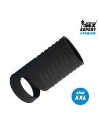 Черная открытая насадка на пенис с кольцом для мошонки XXL-size - 9,4 см. - Sex Expert - в Батайске купить с доставкой