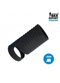 Черная открытая насадка на пенис с кольцом для мошонки size M - 7,9 см. - Sex Expert - в Батайске купить с доставкой