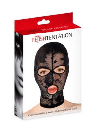 Черная кружевная маска на голову с отверстиями для глаз и рта - Fetish Tentation - купить с доставкой в Батайске