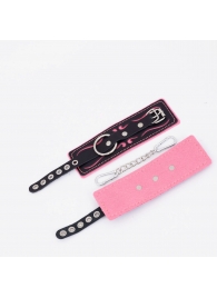 Черно-розовые кожаные наручники с розовой строчкой - Crazy Handmade - купить с доставкой в Батайске