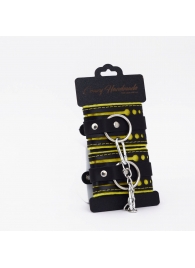 Черно-желтые кожаные наручники с жёлтой строчкой - Crazy Handmade - купить с доставкой в Батайске