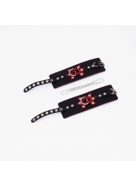 Черные кожаные наручники с красным декором и строчкой - Crazy Handmade - купить с доставкой в Батайске