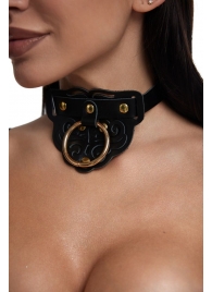 Черный фигурный кожаный ошейник с золотистой фурнитурой - Crazy Handmade - купить с доставкой в Батайске