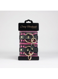 Черные кожаные наручники с розовой строчкой - Crazy Handmade - купить с доставкой в Батайске