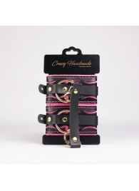 Черные кожаные оковы с розовой строчкой - Crazy Handmade - купить с доставкой в Батайске