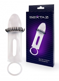 Закрытая насадка на пенис с подхватом мошонки и стимулирующими «ресничками» - Sextaz - в Батайске купить с доставкой