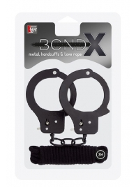 Чёрные наручники из листового металла в комплекте с веревкой BONDX METAL CUFFS LOVE ROPE SET - Dream Toys - купить с доставкой в Батайске