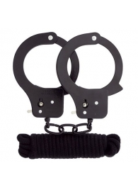 Чёрные наручники из листового металла в комплекте с веревкой BONDX METAL CUFFS LOVE ROPE SET - Dream Toys - купить с доставкой в Батайске