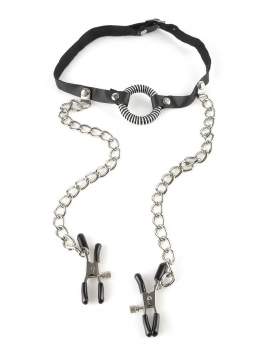 Кляп, соединенный цепочкой с клипсами для сосков - Pipedream - купить с доставкой в Батайске