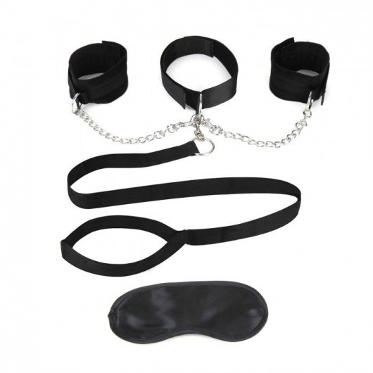 Чёрный ошейник с наручниками и поводком Collar Cuffs   Leash Set - Lux Fetish - купить с доставкой в Батайске