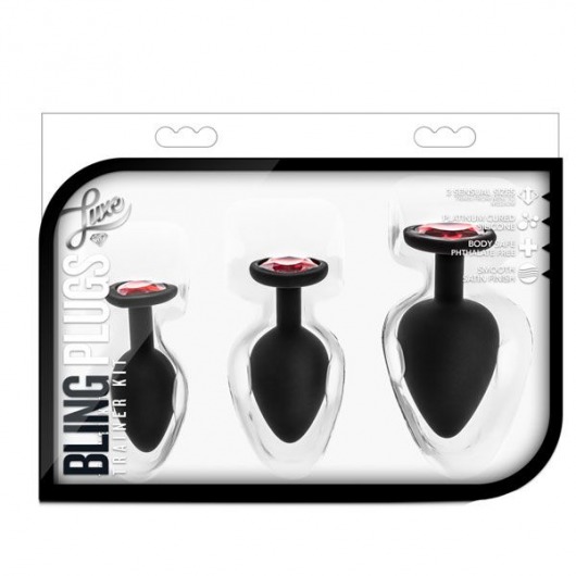 Набор черных анальных пробок с красным кристаллом-сердечком Bling Plugs Training Kit - Blush Novelties - купить с доставкой в Батайске