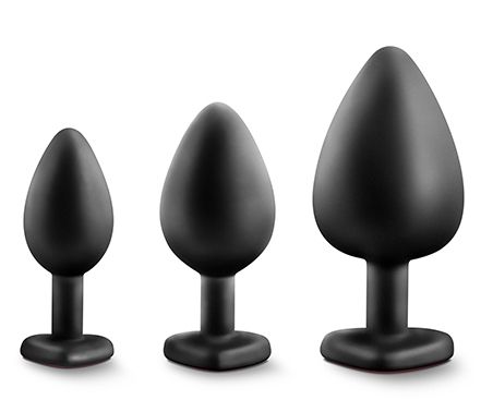 Набор черных анальных пробок с красным кристаллом-сердечком Bling Plugs Training Kit - Blush Novelties - купить с доставкой в Батайске