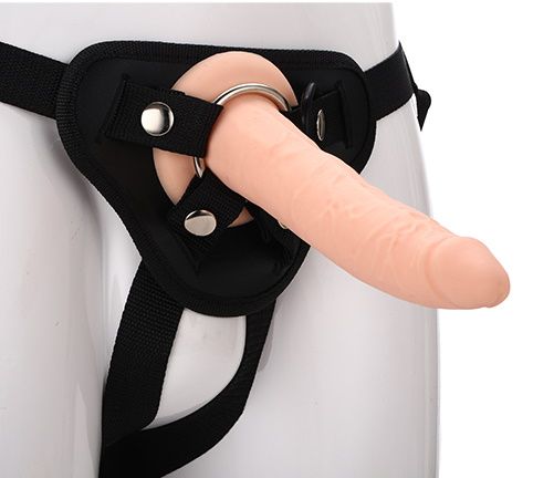 Телесный страпон на черных трусиках STRAP ON REAL DILDO - 20 см. - Dream Toys - купить с доставкой в Батайске