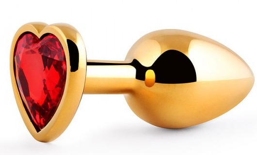 Золотистая анальная пробка с красным стразом-сердечком - 8 см. - Anal Jewelry Plug - купить с доставкой в Батайске