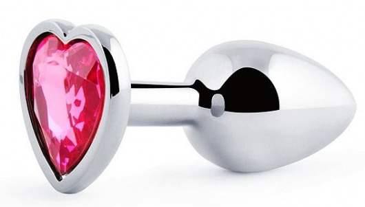 Серебристая анальная пробка с розовым кристаллом-сердечком - 7 см. - Anal Jewelry Plug - купить с доставкой в Батайске