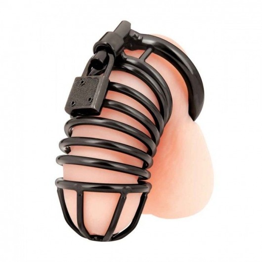 Черная металлическая клетка с замком Deluxe Chastity Cage - BlueLine - купить с доставкой в Батайске