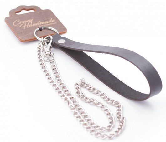 Серебристый металлический поводок с кожаной черной ручкой - 80 см. - Crazy Handmade - купить с доставкой в Батайске