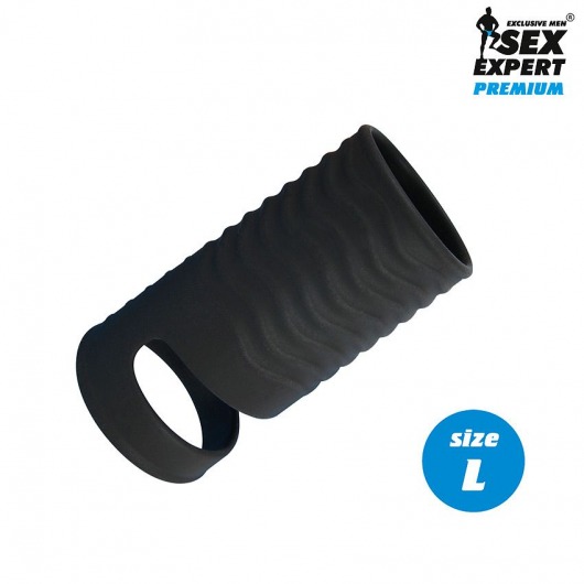 Черная открытая насадка на пенис с кольцом для мошонки L-size - 8,5 см. - Sex Expert - в Батайске купить с доставкой