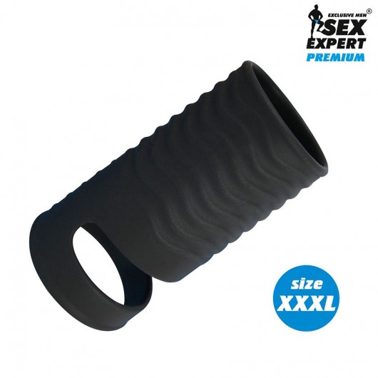 Черная открытая насадка на пенис с кольцом для мошонки XXXL-size - 9,9 см. - Sex Expert - в Батайске купить с доставкой