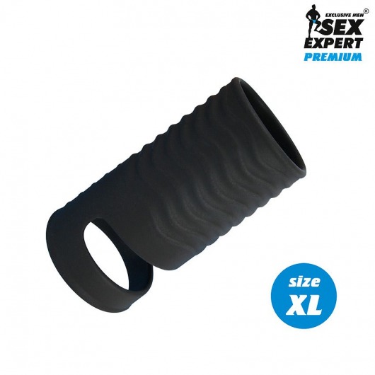 Черная открытая насадка на пенис с кольцом для мошонки XL-size - 8,9 см. - Sex Expert - в Батайске купить с доставкой