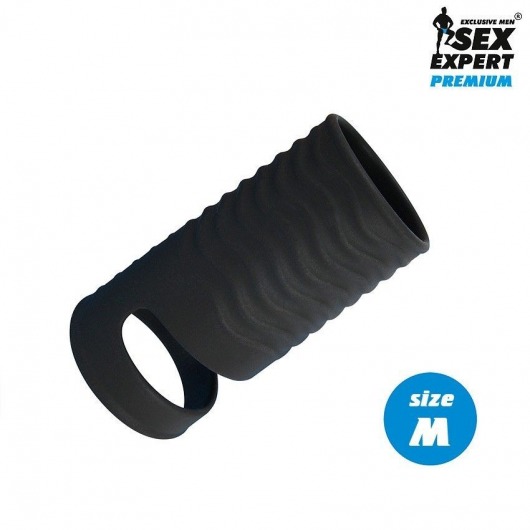 Черная открытая насадка на пенис с кольцом для мошонки size M - 7,9 см. - Sex Expert - в Батайске купить с доставкой