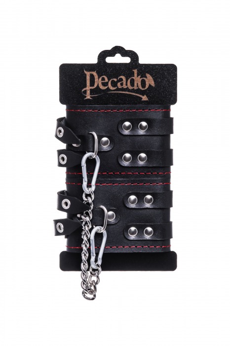 Черные кожаные оковы с двумя ремнями и контрастной строчкой - Pecado - купить с доставкой в Батайске