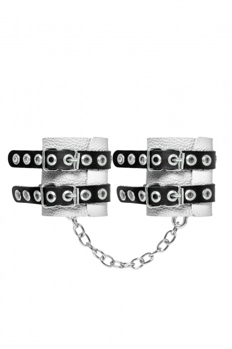 Бело-черные наручники с двумя ремешками и люверсами - Pecado - купить с доставкой в Батайске