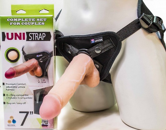 Страпон-унисекс с двумя насадками UNI strap 7  Harness - 19 и 16 см. - LOVETOY (А-Полимер) - купить с доставкой в Батайске